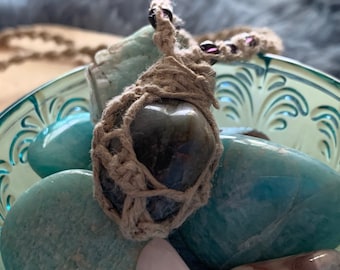 Hemp necklace/hemp wrapped moonstone/moonstone/hippie girl/macrame necklace/macrame/grey stone/healing stone/purple
