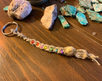 Keychain/rainbow/rainbow colors/hemp/macrame/citrine stone/flower bead