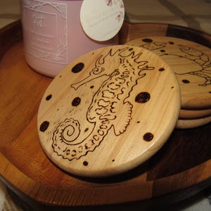 Set Of Four Wood Coasters - Hand Burned With Cartoon Design - Perfect Gift - Home Decor - Pyrography Art