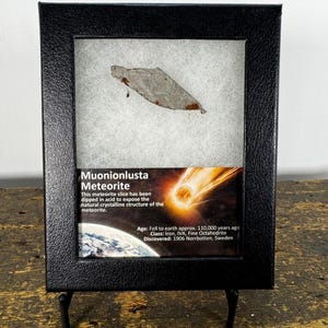 Puede incluir: Una sección enmarcada de meteorito Muonionlusta. El marco negro contiene la muestra de meteorito y una tarjeta descriptiva. La tarjeta incluye información sobre la edad, la clase y el lugar de descubrimiento del meteorito. El meteorito es de color gris metálico.