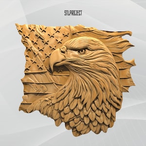 May include: A detailed wooden carving of an American bald eagle's head and the American flag. The eagle is in profile, with intricate feather and eye details. The flag features stars and stripes. The text "STLPROJECT" is at the top.