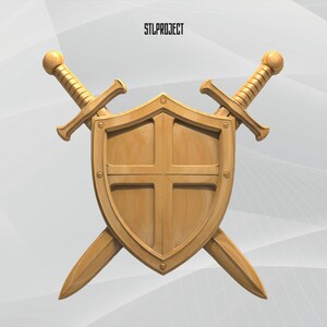 May include: A light brown wooden shield with a cross design, and two crossed swords. The shield and swords are a light brown colour. The text "STLPROJECT" is at the top.