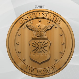 Op de afbeelding: Houten plaquette met het embleem van de United States Air Force. Het cirkelvormige ontwerp bevat de woorden "United States Air Force" en een centraal embleem met een adelaar en schild. De tekst "STLPROJECT" staat bovenaan.