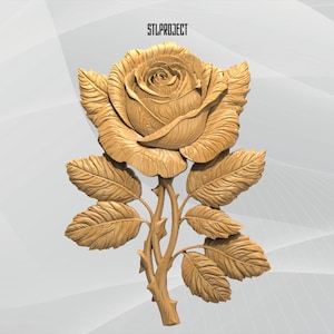 May include: A detailed wooden carving of a rose in full bloom, complete with petals, leaves, and stem. The rose is a light brown color and is set against a neutral background. The text "STLPROJECT" is at the top.