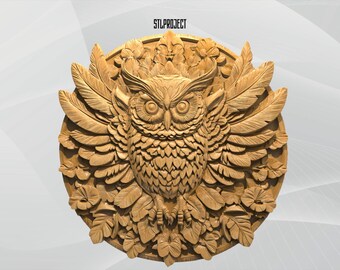 May include: A detailed wooden carving of an owl with outstretched wings, centered on a circular base. The owl is surrounded by carved leaves and floral elements. The text "STLPROJECT" is at the top.