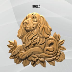 Könnte beinhalten: Holzskulptur eines Hundes mit detaillierten Schnitzereien und natürlicher Holzoptik. Der Hund wird in einer entspannten Pose auf einem Bett aus stilisierten Blättern dargestellt. Der Text "STLPROJECT" ist oben sichtbar.
