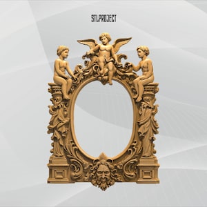 Pode incluir: Moldura oval de madeira ornamentada com querubins e anjos. A moldura apresenta entalhes detalhados, incluindo uma cabeça de leão na base e elementos arquitetónicos clássicos. O texto "STLPROJECT" está no topo.