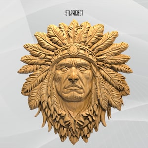 May include: A detailed wooden carving of a Native American chief's face, adorned with a feathered headdress. The carving is in shades of brown and tan, with intricate details in the feathers and facial features. The text "STLPROJECT" is at the top.