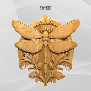 May include: A detailed wooden carving of a dragonfly, centered on a circular background with ornate floral accents. The dragonfly's wings are spread, showcasing intricate vein patterns. The text "STLPROJECT" is at the top.