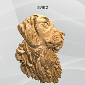 Pode incluir: Escultura detalhada em madeira da cabeça de um cão em perfil. A escultura é castanho-claro com entalhes intrincados, mostrando o pelo e as características faciais do cão. O texto "STLPROJECT" está no topo.