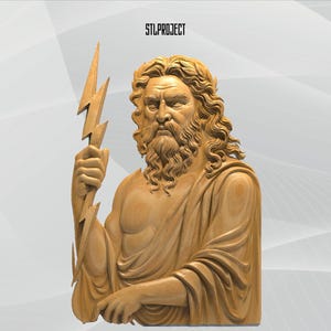 Könnte beinhalten: Eine Holzskulptur von Zeus, dem griechischen Gott des Himmels und des Donners. Die Skulptur zeigt Zeus mit langem Bart, Lorbeerkranz und hält einen Blitz. Der Text "STLPROJECT" befindet sich in der oberen linken Ecke.