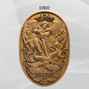 Pode incluir: Uma escultura em relevo ovalada e detalhada, em tom castanho-dourado quente. A obra retrata São Miguel Arcanjo, com grandes asas, segurando uma espada sobre um demônio derrotado. O texto "STLPROJECT" e outras inscrições são visíveis.