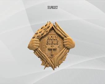Pode incluir: Imagem renderizada em 3D de uma Bíblia Sagrada de madeira, com o texto "HOLY BIBLE" e uma cruz. A Bíblia está sendo revelada por duas mãos rasgando uma superfície texturizada. O texto "STLPROJECT" está no topo.