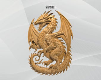 May include: A detailed, wooden dragon sculpture with outstretched wings and an open mouth, showcasing intricate scales and claws. The text "STLPROJECT" is visible at the top. The dragon is a light brown color.