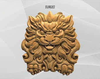 May include: A detailed wooden carving of a mythical creature's head, featuring intricate details in its mane, face, and paws. The carving is in a natural wood tone, with the text "STLPROJECT" at the top.