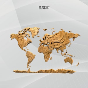 May include: A wooden world map with intricate carved details, showcasing continents and landmasses. The map is a warm, natural wood tone, with the text "STLPROJECT" at the top. The design is set against a soft, wavy gray background.