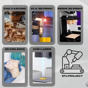 May include: An image showcasing various 3D printing and manufacturing processes. The image includes sections labeled "CNC CARVING", "PLA 3D PRINT", "RESIN 3D PRINT", "3D MOLDING", and "CNC LASER". A graphic of a robotic arm with the text "STLPROJECT" is also present, along with the phrase "made for everyone".