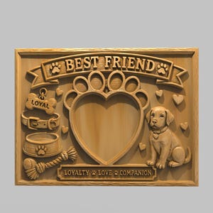 Pode incluir: Placa de madeira com um design esculpido com um cão, pegadas e as palavras "BEST FRIEND", "LOYAL", "LOVE" e "COMPANION". Inclui um recorte em forma de coração, uma coleira para cães, uma tigela e um brinquedo de corda.