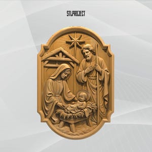 Puede incluir: Un relieve de madera de la escena de la Natividad, con María, José y el niño Jesús en un pesebre. La obra de arte está enmarcada con una parte superior arqueada e incluye una estrella y el texto "STLPROJECT". Las figuras están representadas con túnicas fluidas.