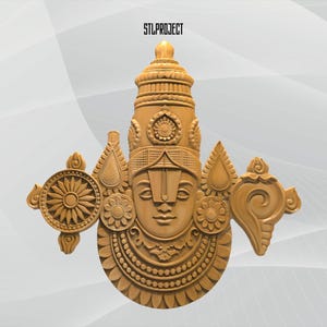 May include: A detailed, light brown, carved wooden sculpture of a deity with an elaborate headdress, facial features, and ornate jewelry. The sculpture has a symmetrical design with circular and floral elements. The text "STLPROJECT" is at the top.