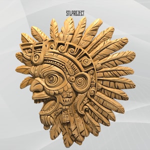 May include: A detailed wooden carving of a Native American chief's face, featuring a feathered headdress and intricate facial details. The carving is in a light brown color and has the text "STLPROJECT" at the top.