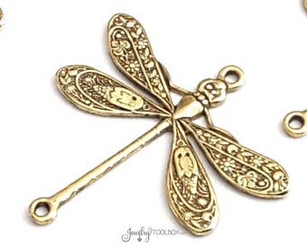 Colgantes grandes de libélula dorada, dijes de libélula de latón, suministros para joyería de oro, 2 bucles, 24 x 24 mm, lotes de 4 a 10, n.° 05G