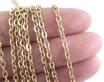 Gold Textured Stainless Steel Chain, Textured, 3x4mm Oval Link Chain,  Bulk Chain, Hypoallergenic, Non Tarnish, 2 to 20 feet, #1031 Gold
