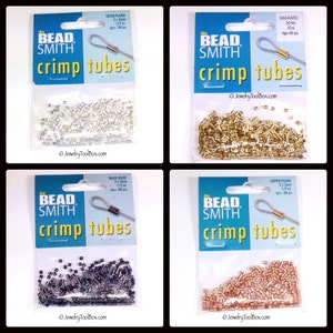 May include: Four packages of crimp tubes for jewelry making. Each package contains approximately 400 pieces of crimp tubes in different colors: silver, gold, black, and copper.