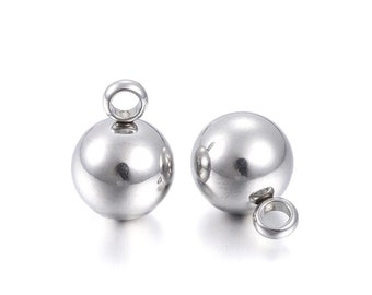 8mm Round Steel Ball Drops, 25 Pieces Stainless Steel Metal Charms, 2mm Loop, Hypoallergenic, Non Tarnish,  Lot Size 25, #1463