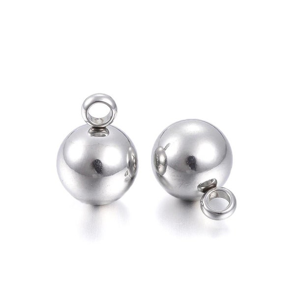 8mm Round Steel Ball Drops, Stainless Steel Metal Charms, 2mm Loop, Hypoallergenic, Non Tarnish,  Lot Size 25, #1463