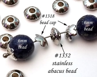 6mm Abacus Beads, Stainless Steel 6x3mm, 2mm Hole, 304 Grade, Hypoallergenic, Non Tarnish, Lot Size 50 to 200, #1532