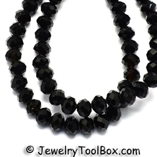 BLACK Crystal Rondelles, Faceted Glass Abacus Beads, 16 to 24 inch Strands, Choose Bead Size 6x4mm, 8x6mm, Hole 1mm
