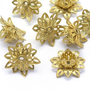 Brass Bead Caps, Filigree Flower, Multiple Layer Flower, Bendable, Moldable, Vintage Look, 2mm Hole, Lot Size 12 to 50, 2054 RB image 2