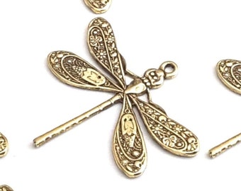 Large Gold Dragonfly Pendants, Brass Dragonfly Charms, Gold Jewelry Making Supplies, 1 LOOP, 21x24mm, Lot Size 4 to 10, #04G