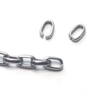 May include: A close-up shot of a silver metal chain with three connected links and two separate oval-shaped connectors. The chain and connectors are on a white background.