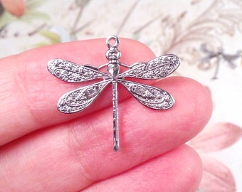 Dragonfly Charms, Pendant, 21x24mm, 1 Loop, Antique Sterling Silver, Large, Made in the USA, Lead Free, Nickel Free, Lot Size 6 to 20, #04S