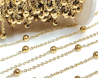 Gold Satellite Chain, Stainless Steel, Soldered Flat Oval 2.5mm links with 4mm Rondelle Stations, Lot Size 2 to 10 Feet, #1952 G