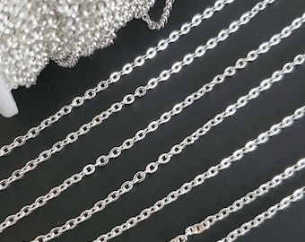 Bright Silver Plated Stainless Steel Chain, Soldered Closed Oval 3x2mm Links, 0.5mm thick, Lot Size 2 to 20 feet, #1909 S