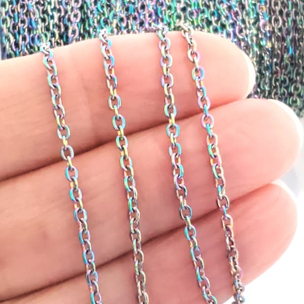 Rainbow Titanium Plated Stainless Steel Chain, 2x2.5mm Oval Flattened Links, Hypoallergenic, Non Tarnish, Lot Size 2 or 10 feet #1909 MC