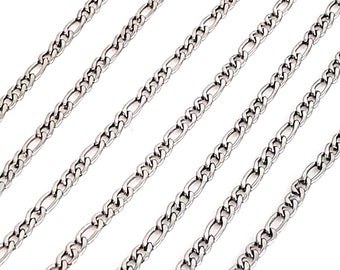 3mm Figaro Chain, Stainless Steel, Open Flat Links, Bulk Chain, Hypoallergenic, Non Tarnish, Lot size 5 to 30 Feet,#1973