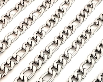 7mm Figaro Chain, Stainless Steel, Open Flat Links, Bulk Chain, Hypoallergenic, Non Tarnish, Lot size 2 to 10 Feet,#1977