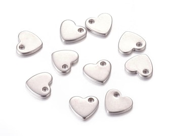 Breloques coeurs, estampage à blanc en acier inoxydable, coeurs argentés, 10 x 10 x 1,5 mm environ, hypoallergénique, ne ternit pas, lot de 25 à 100, # 1685