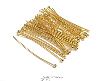 Gold Stainless Steel Ball Headpins, Gold Jewelry Making Supplies, 40mm, 1-1/2 inch, 21 gauge, 50 Pieces or 200 Pieces, #1302 G