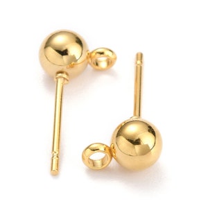 6mm Gold Stainless Ball Post Ear Stud, Front Facing Loop, 0.8mm Pin, Jewelry Making Findings, Lot Size 10 to 50 Pieces, #1369G