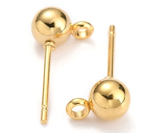 6mm Gold Stainless Ball Post Ear Stud, Front Facing Loop, 0.8mm Pin, Jewelry Making Findings, Lot Size 10 to 50 Pieces, #1369G