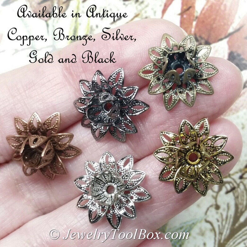Filigree Flower Bead Caps, Antique Silver, Multiple Layer Flower, Bendable, Moldable, Vintage Look, 2mm Hole, Lot Size 12 to 50, 2054 image 2