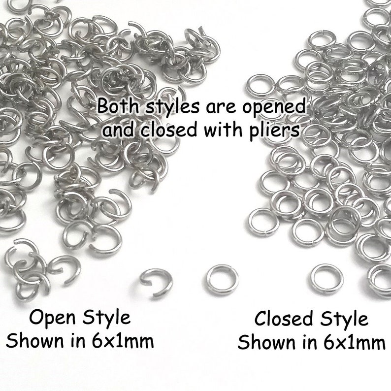 May include: A close-up image of two piles of silver jump rings. The jump rings are 6mm in diameter and 1mm in thickness. The jump rings on the left are open, while the jump rings on the right are closed. The text "Both styles are opened and closed with pliers" is written in the center of the image. The text "Open Style Shown in 6x1mm" is written below the left pile of jump rings. The text "Closed Style Shown in 6x1mm" is written below the right pile of jump rings.