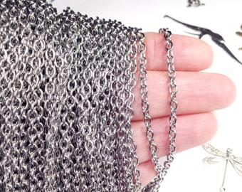 Chaîne de bijoux en acier inoxydable, hypoallergénique, acier inoxydable 316L, ovale 3 x 4 mm, maillons fermés soudés, longueur au choix de 60 cm à 6 m (réf. 1006)