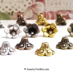 Bead Caps, Flower Beads, Choose Antique Silver, Copper, Gold or Bronze, 10x6mm, 1mm hole, 8mm Inside, Lot Size 50, #2019