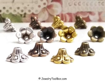 Bead Caps, Flower Beads, Choose Antique Silver, Copper, Gold or Bronze, 10x6mm, 1mm hole, 8mm Inside, Lot Size 50, #2019